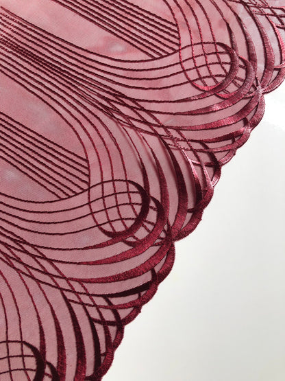 Burgundy Dark Red Swirl Embroidered Lace Trim (8.75"/22cm) Tulle Scallop Edge Fabric for Bra Making Knickers Lingerie Sewing Craft