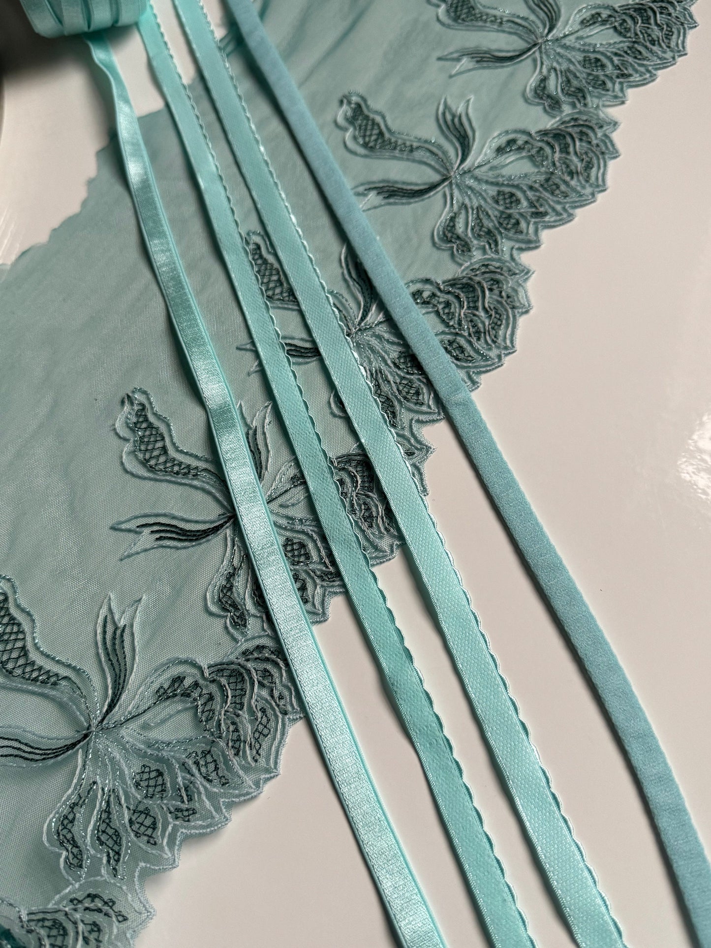 Mint Blue Green Lace, Elastic & Findings Lingerie Bra Making Kit Embroidered Lace Trim 8”/20cm Tulle for Bramaking Knickers Lingerie Sewing