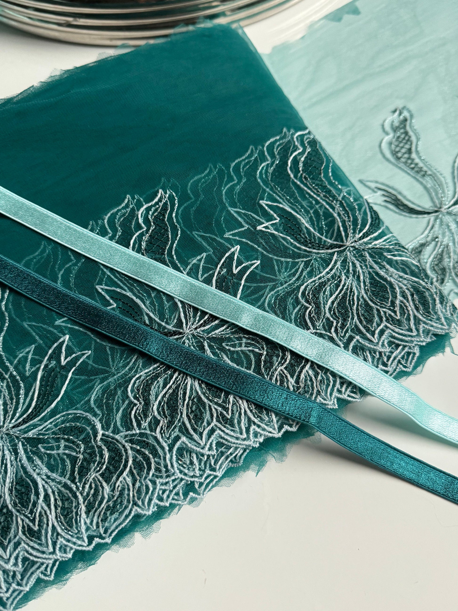 Mint Blue Green Lace, Elastic & Findings Lingerie Bra Making Kit Embroidered Lace Trim 8”/20cm Tulle for Bramaking Knickers Lingerie Sewing