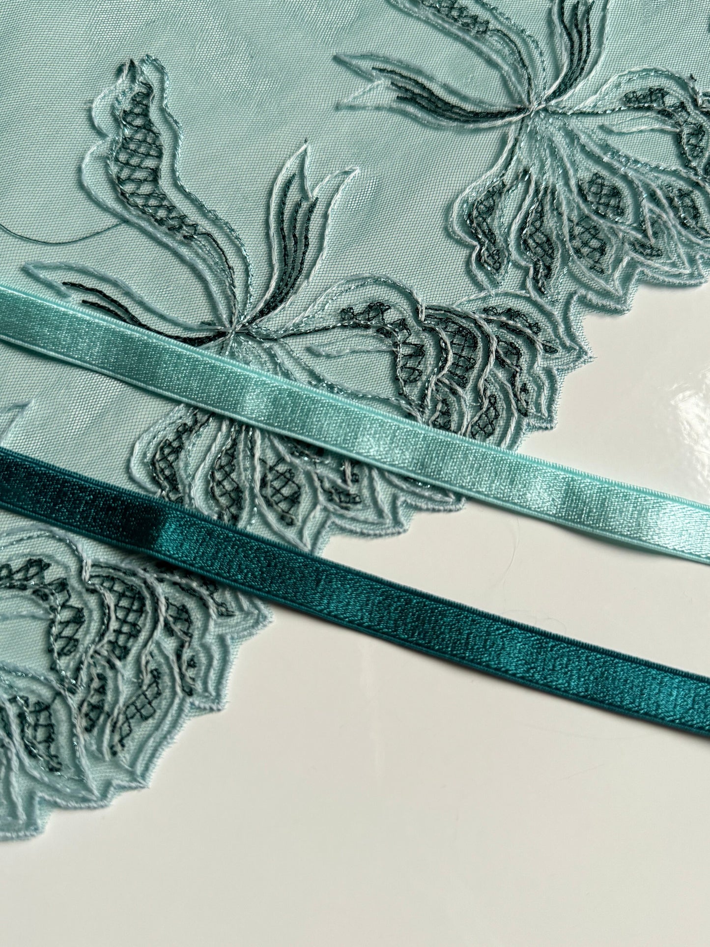 Mint Blue Green Lace, Elastic & Findings Lingerie Bra Making Kit Embroidered Lace Trim 8”/20cm Tulle for Bramaking Knickers Lingerie Sewing