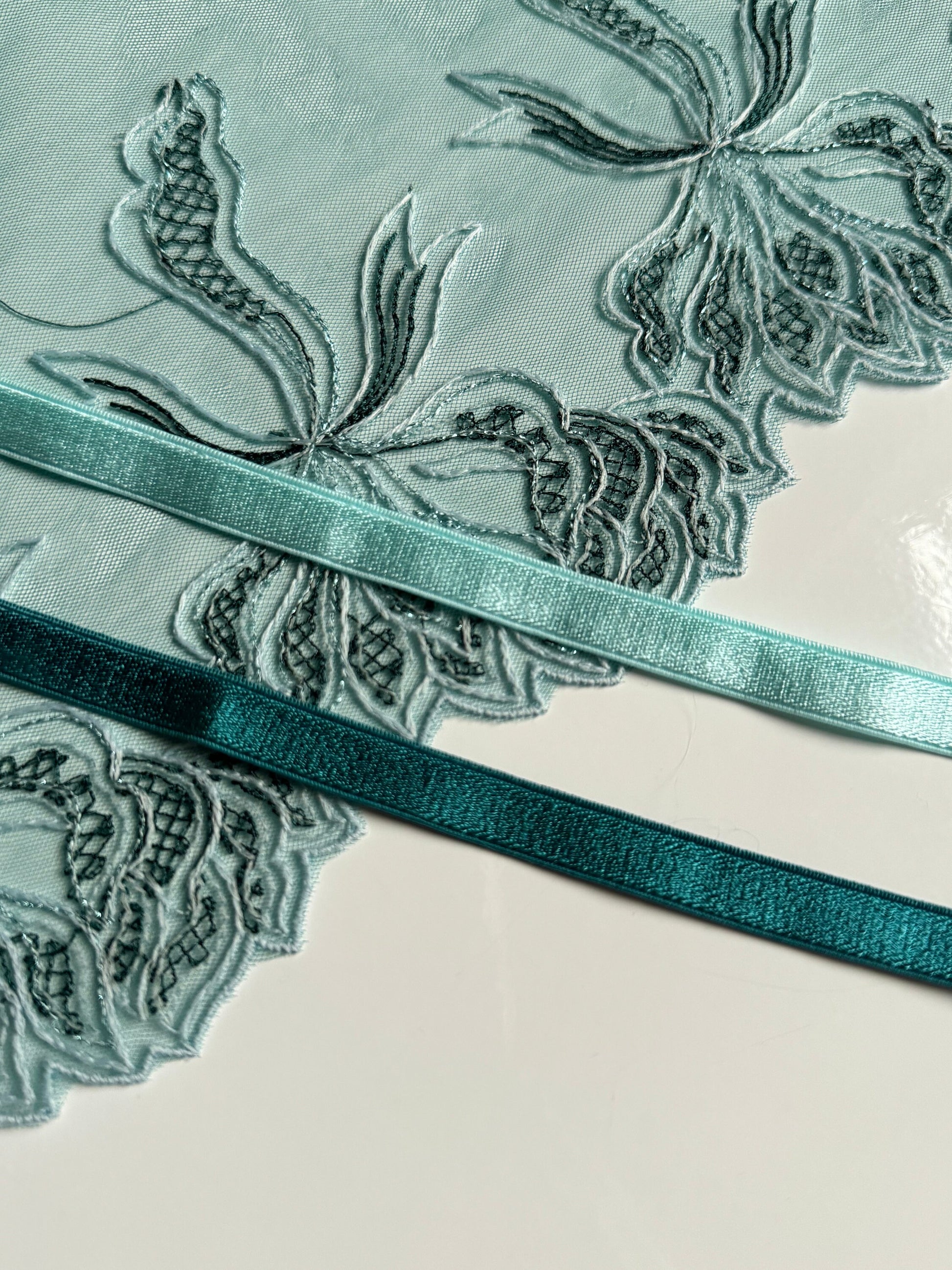 Mint Blue Green Lace, Elastic & Findings Lingerie Bra Making Kit Embroidered Lace Trim 8”/20cm Tulle for Bramaking Knickers Lingerie Sewing