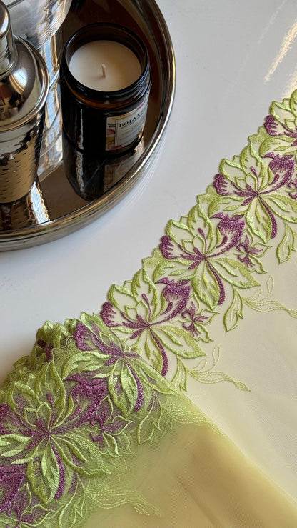 Green Purple Lace, Elastic & Findings Lingerie Bra Making Kit Embroidered Lace Trim 9”/22.5cm Tulle for Bramaking Knickers Lingerie Sewing