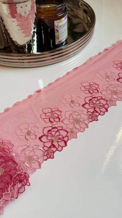 Rose Pink Light Stretch Floral Embroidered Lace Trim 5”/12.5cm Tulle Scallop Edge Fabric for Bra Making Knickers Lingerie Sewing Craft