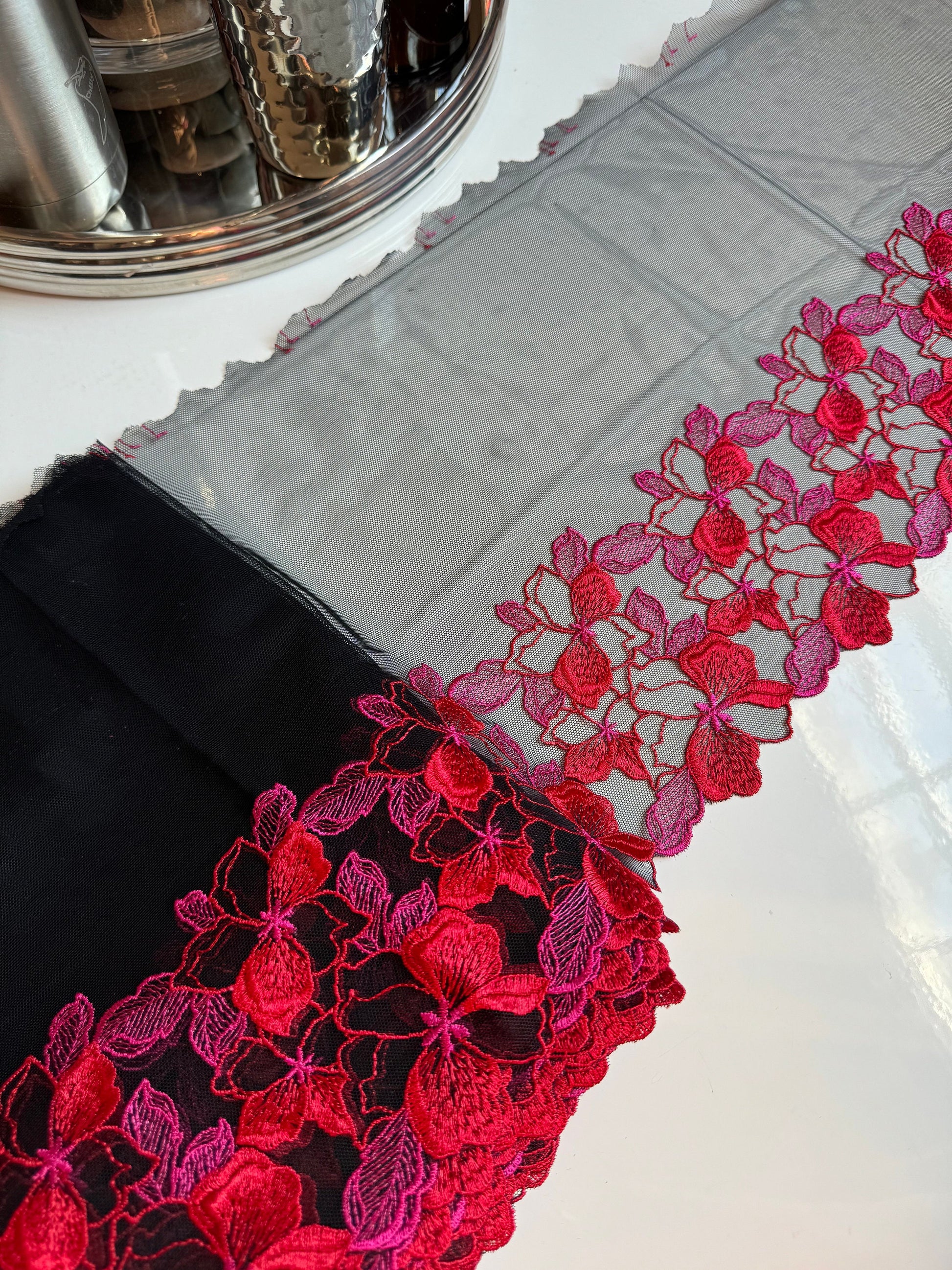 Red Pink Black Floral Embroidered Lace Trim (9.75"/25cm) Black Mesh Tulle Scallop Edge Fabric for Bramaking Knickers Lingerie Sewing Craft