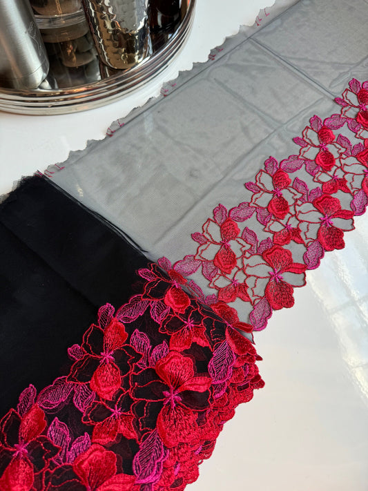 Red Pink Black Floral Embroidered Lace Trim (9.75"/25cm) Black Mesh Tulle Scallop Edge Fabric for Bramaking Knickers Lingerie Sewing Craft
