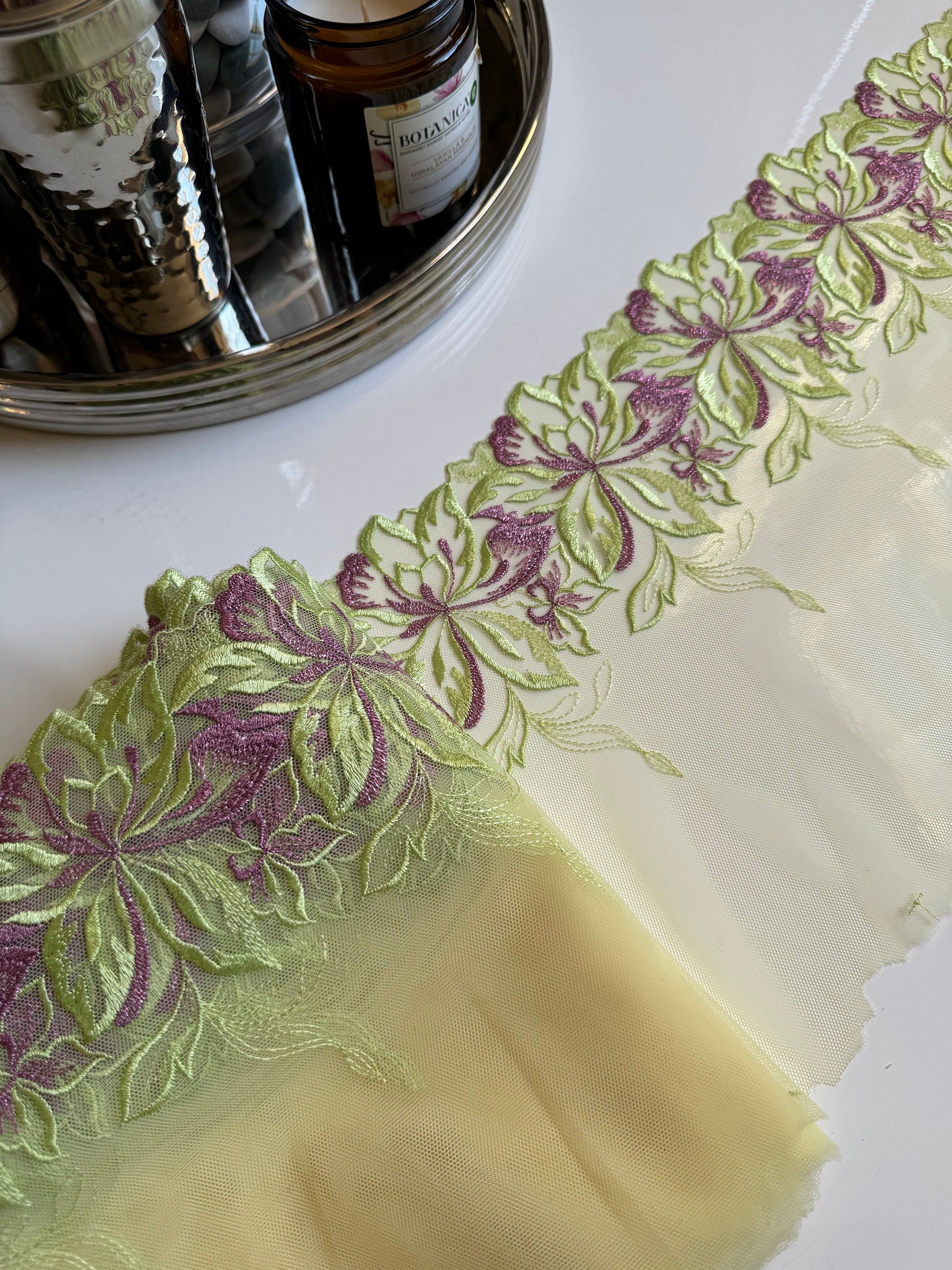 Lime Green Yellow Purple Metallic Floral Embroidered Lace Trim 9”/22.5cm Scallop Edge Fabric for Bra Making Knickers Lingerie Sewing