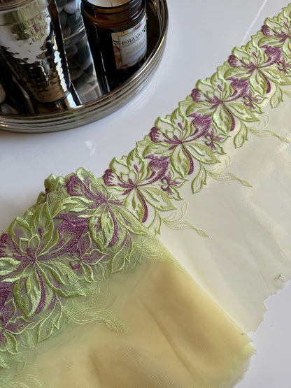 Lime Green Yellow Purple Metallic Floral Embroidered Lace Trim 9”/22.5cm Scallop Edge Fabric for Bra Making Knickers Lingerie Sewing
