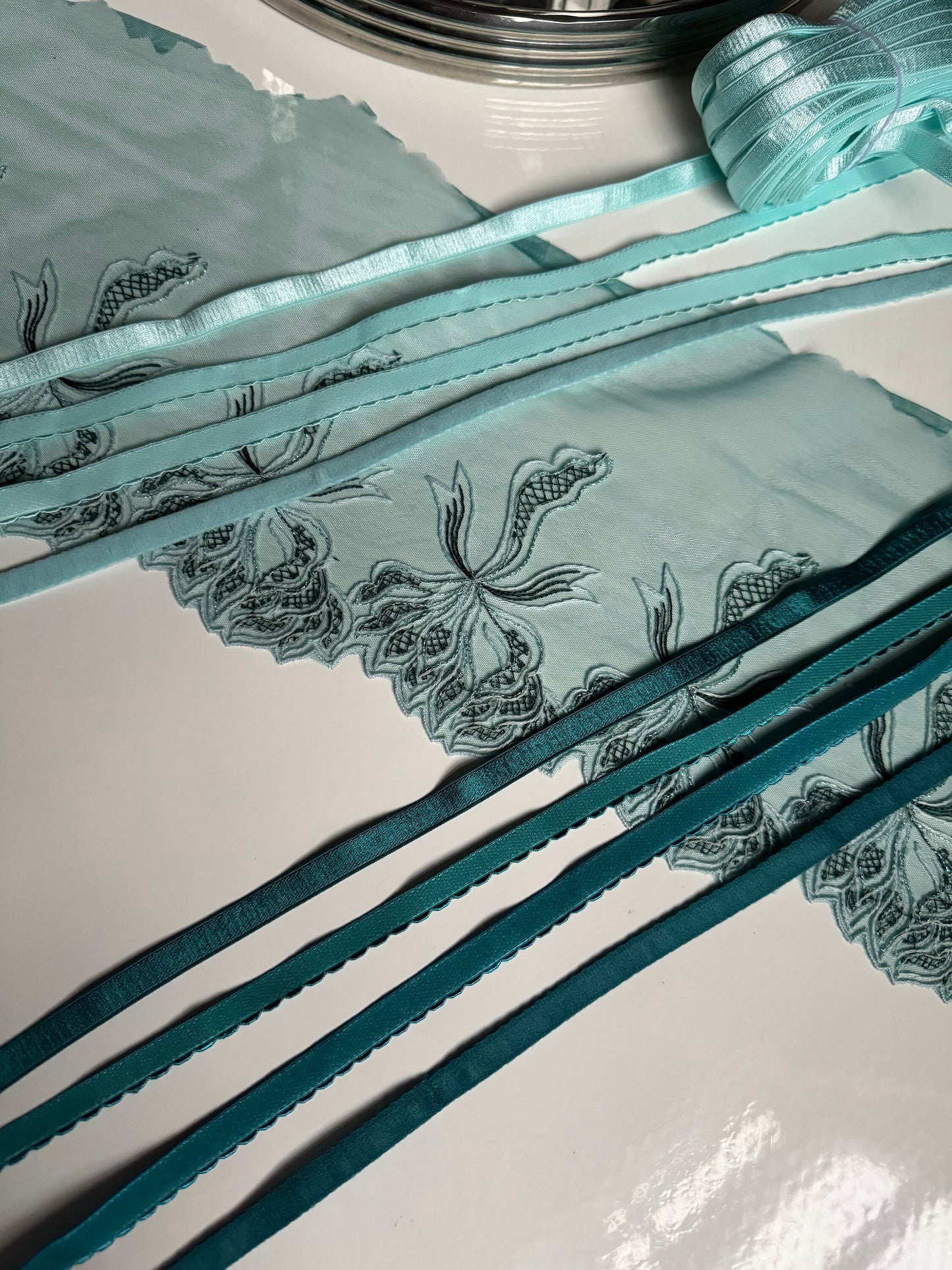 Mint Blue Green Lace, Elastic & Findings Lingerie Bra Making Kit Embroidered Lace Trim 8”/20cm Tulle for Bramaking Knickers Lingerie Sewing