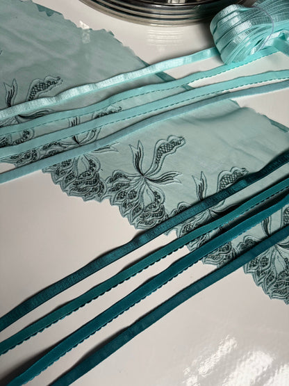 Mint Blue Green Lace, Elastic & Findings Lingerie Bra Making Kit Embroidered Lace Trim 8”/20cm Tulle for Bramaking Knickers Lingerie Sewing