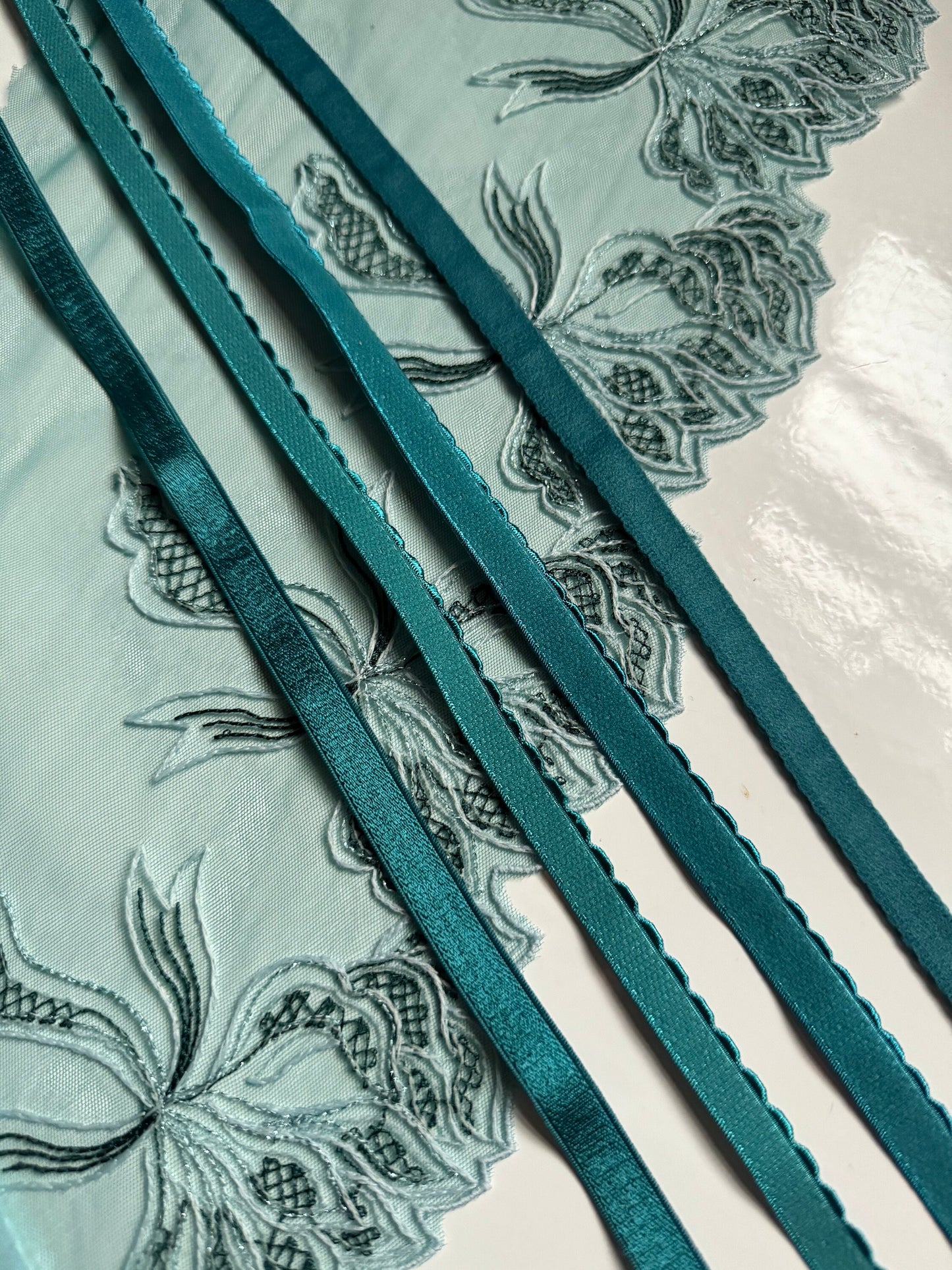 Mint Blue Green Lace, Elastic & Findings Lingerie Bra Making Kit Embroidered Lace Trim 8”/20cm Tulle for Bramaking Knickers Lingerie Sewing