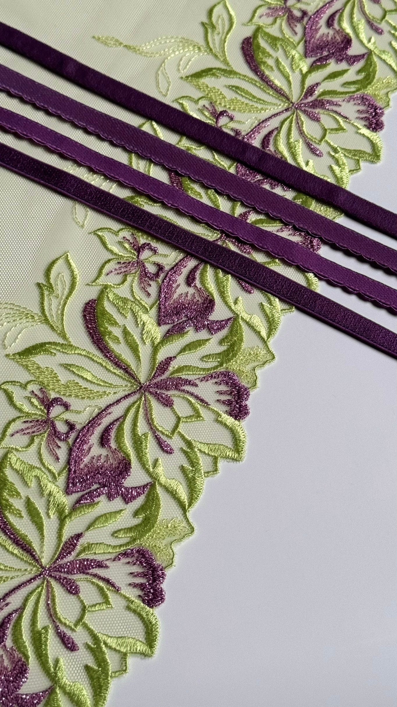 Green Purple Lace, Elastic & Findings Lingerie Bra Making Kit Embroidered Lace Trim 9”/22.5cm Tulle for Bramaking Knickers Lingerie Sewing