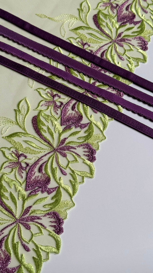 Green Purple Lace, Elastic & Findings Lingerie Bra Making Kit Embroidered Lace Trim 9”/22.5cm Tulle for Bramaking Knickers Lingerie Sewing