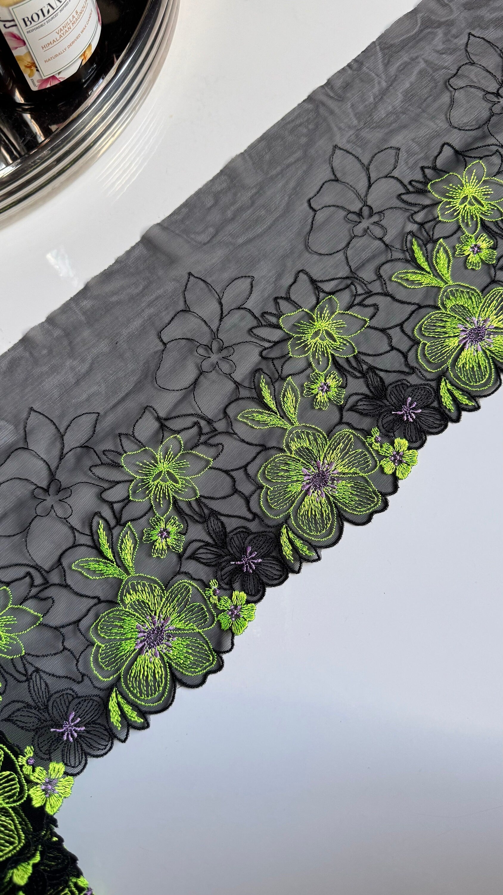 Black Lime Green Stretch Floral Embroidered Lace Trim 7”/18cm Tulle Scallop Edge Fabric for Bra Making Knickers Lingerie Sewing Craft