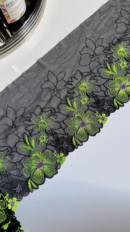 Black Lime Green Stretch Floral Embroidered Lace Trim 7”/18cm Tulle Scallop Edge Fabric for Bra Making Knickers Lingerie Sewing Craft