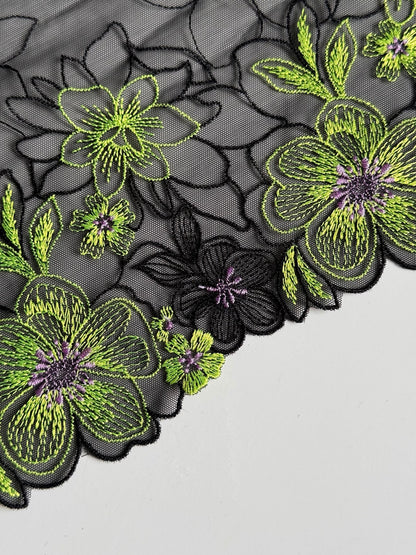 Black Lime Green Stretch Floral Embroidered Lace Trim 7”/18cm Tulle Scallop Edge Fabric for Bra Making Knickers Lingerie Sewing Craft