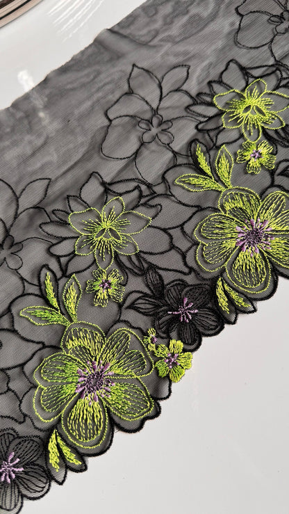 Black Lime Green Stretch Floral Embroidered Lace Trim 7”/18cm Tulle Scallop Edge Fabric for Bra Making Knickers Lingerie Sewing Craft