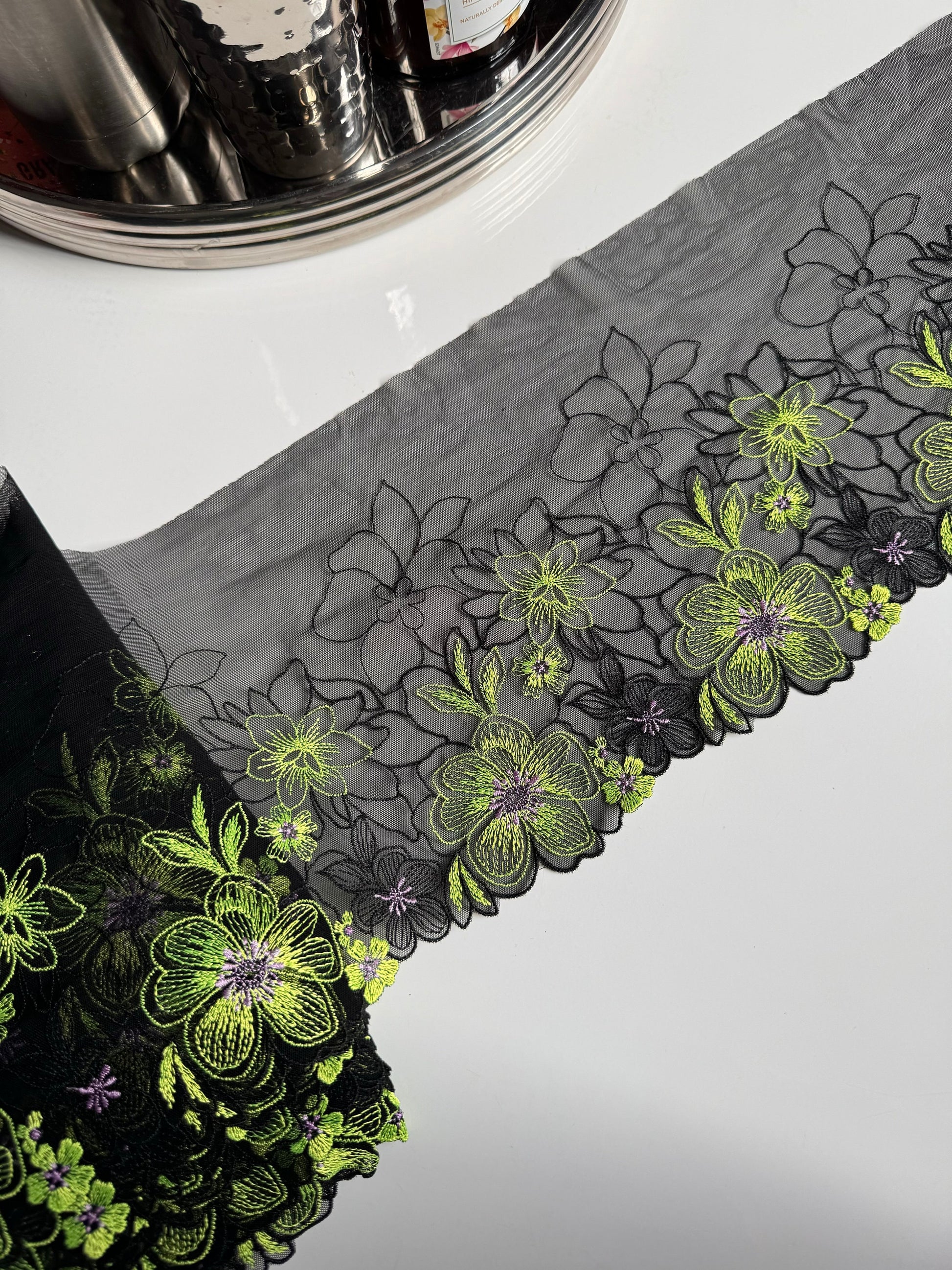 Black Lime Green Stretch Floral Embroidered Lace Trim 7”/18cm Tulle Scallop Edge Fabric for Bra Making Knickers Lingerie Sewing Craft