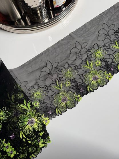 Black Lime Green Stretch Floral Embroidered Lace Trim 7”/18cm Tulle Scallop Edge Fabric for Bra Making Knickers Lingerie Sewing Craft