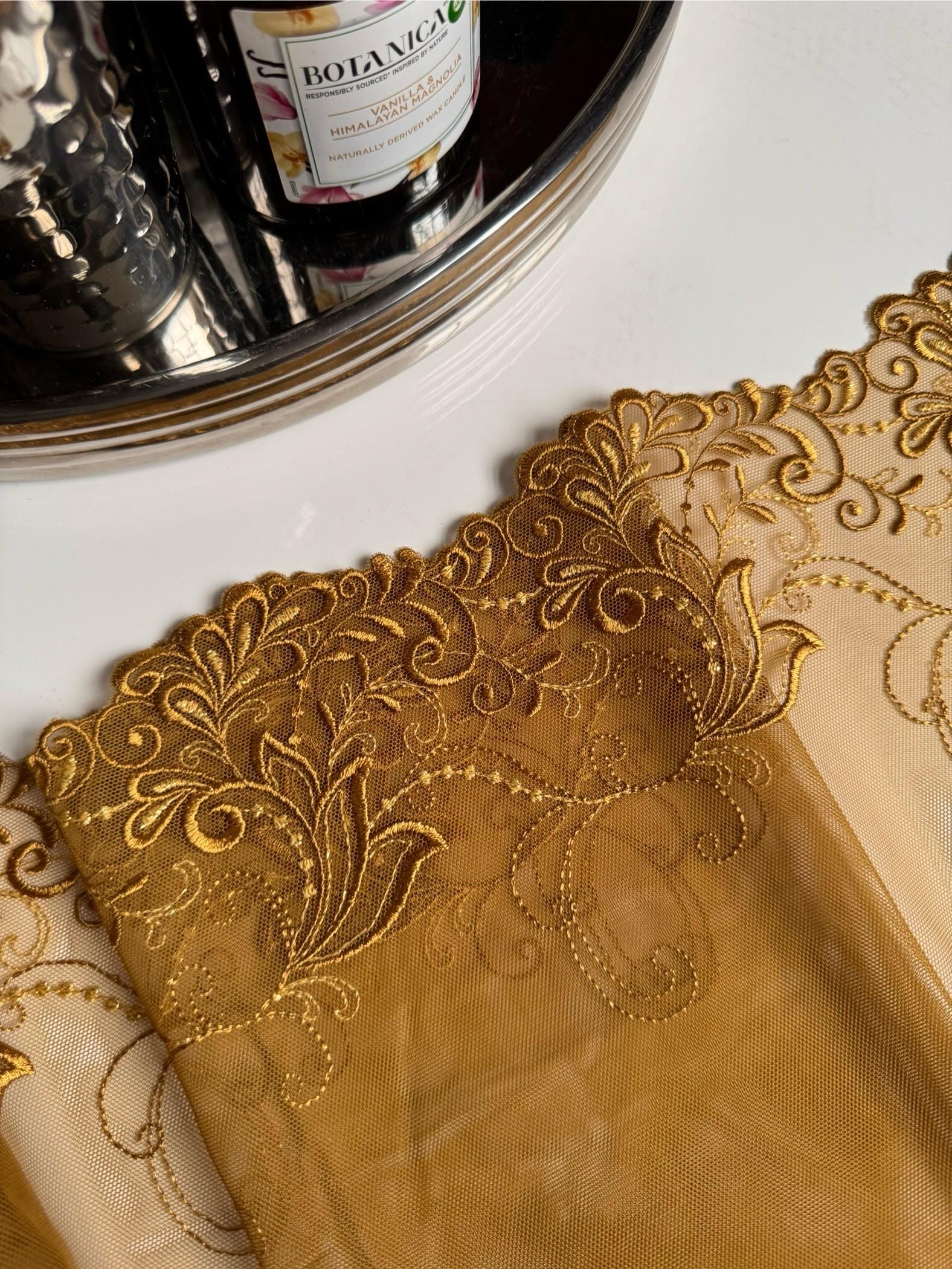 Olive Gold Floral Leaf Swirl Embroidered Lace Trim (7.5"/19cm) Scallop Edge Fabric for Bramaking Knickers Lingerie Sewing Craft