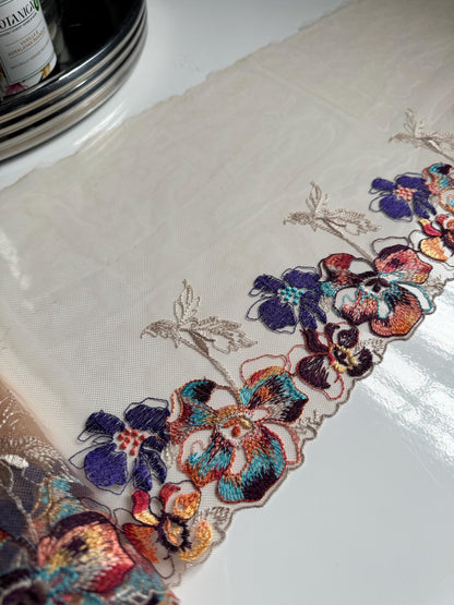 Nude Blue Orange Brown Autumn Flower Floral Embroidered Lace Trim (7.5"/19cm) Tulle Scallop Fabric for Bramaking Knickers Lingerie Sewing