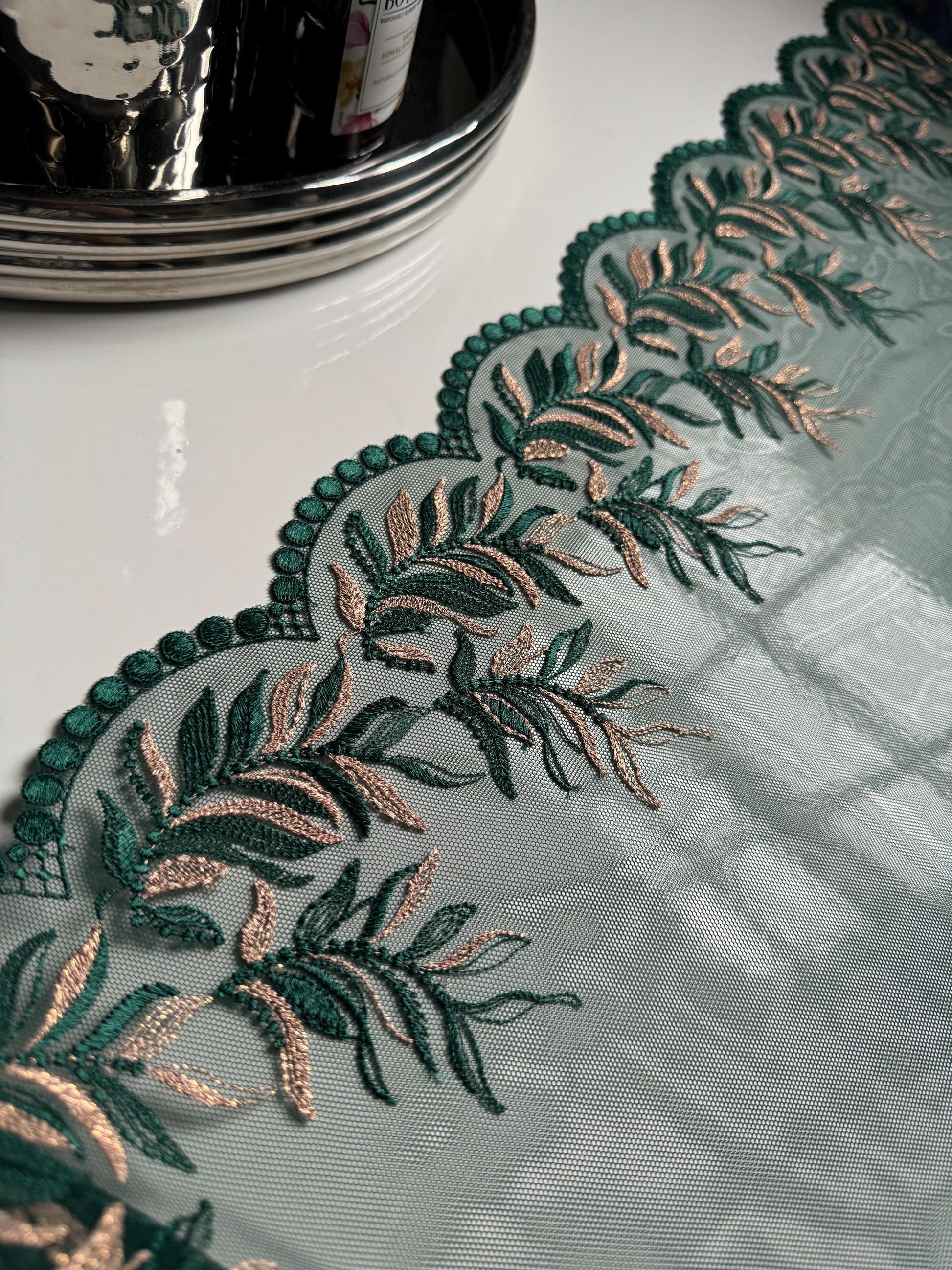 Dark Green Gold Metallic Shimmer Leaf Embroidered Lace Trim (9"/23cm) Floral Scallop Fabric for Bramaking Knickers Lingerie Sewing Craft