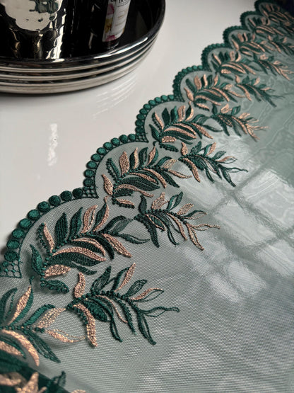 Dark Green Gold Metallic Shimmer Leaf Embroidered Lace Trim (9"/23cm) Floral Scallop Fabric for Bramaking Knickers Lingerie Sewing Craft
