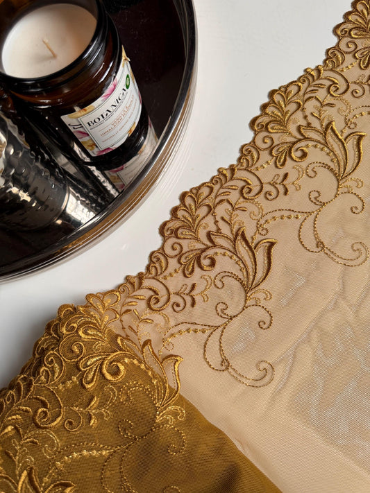 Olive Gold Floral Leaf Swirl Embroidered Lace Trim (7.5"/19cm) Scallop Edge Fabric for Bramaking Knickers Lingerie Sewing Craft