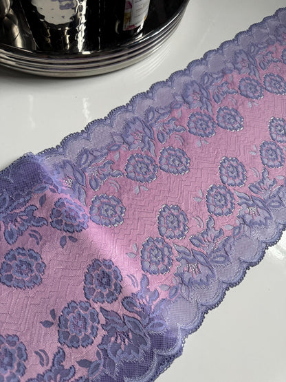 Purple Pink Floral Stretch Lace Trim (8.5"/21.5cm) Scallop Edge Wide Lace Fabric for Bra Sewing Bramaking Knickers Lingerie Sewing Craft