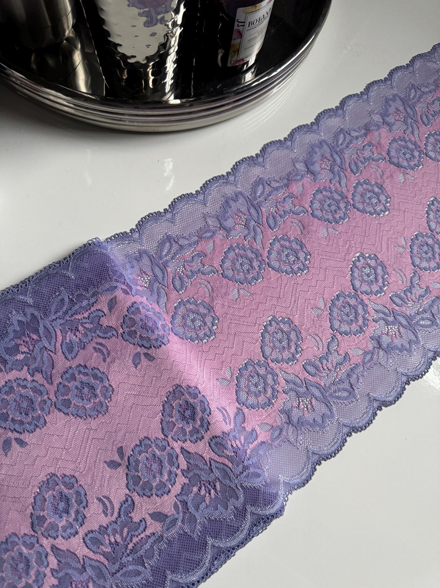 Purple Pink Floral Stretch Lace Trim (8.5"/21.5cm) Scallop Edge Wide Lace Fabric for Bra Sewing Bramaking Knickers Lingerie Sewing Craft