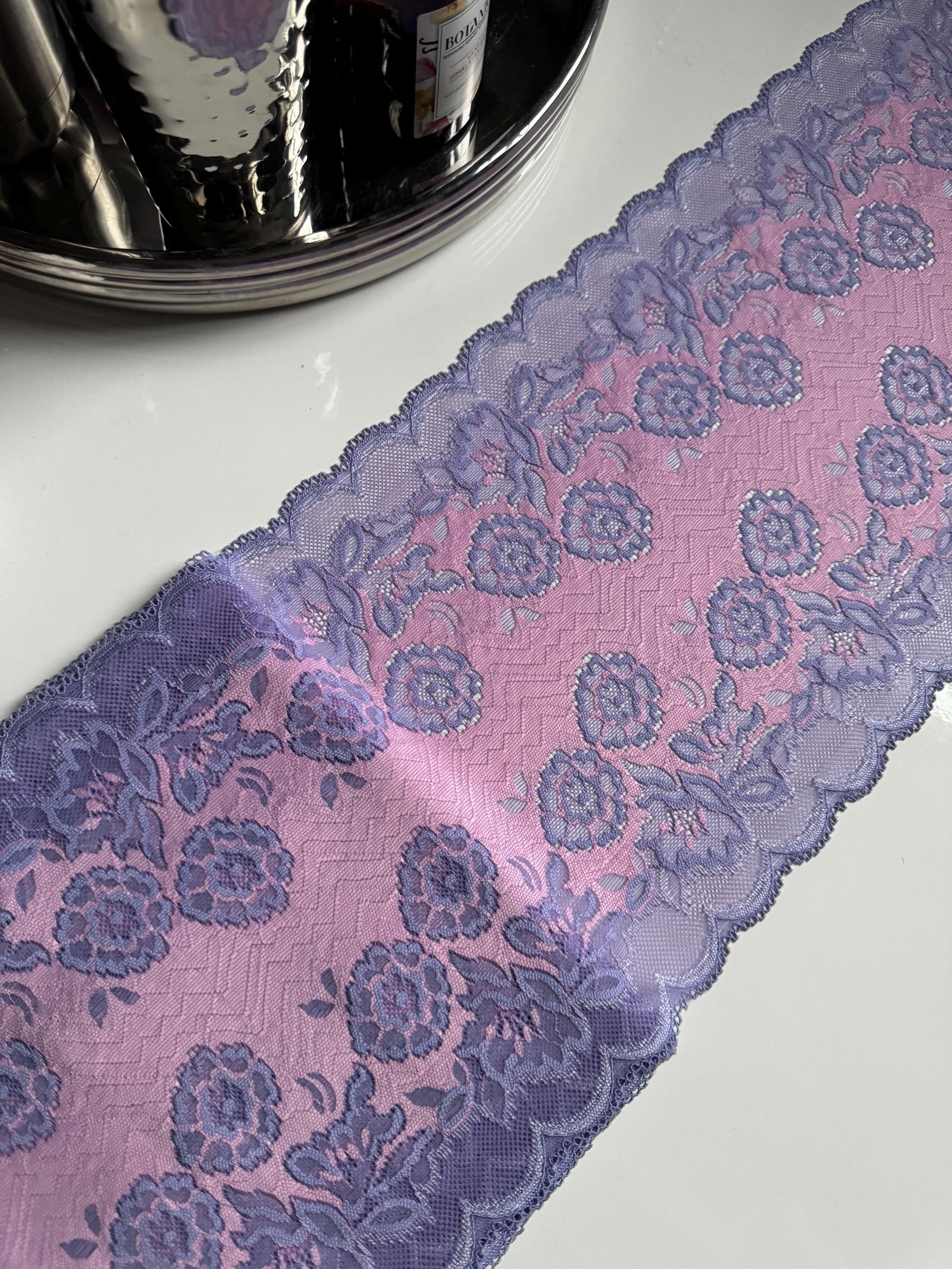 Purple Pink Floral Stretch Lace Trim (8.5"/21.5cm) Scallop Edge Wide Lace Fabric for Bra Sewing Bramaking Knickers Lingerie Sewing Craft