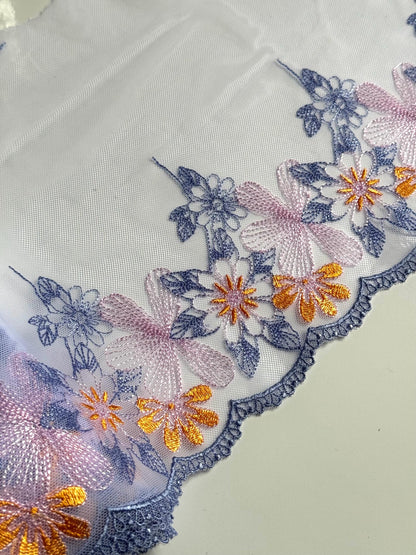 Periwinkle Blue Lilac Yellow Floral Embroidered Lace Trim (8"/20.5cm) Mesh Tulle Scallop Edge Fabric for Bramaking Knickers Lingerie Sewing