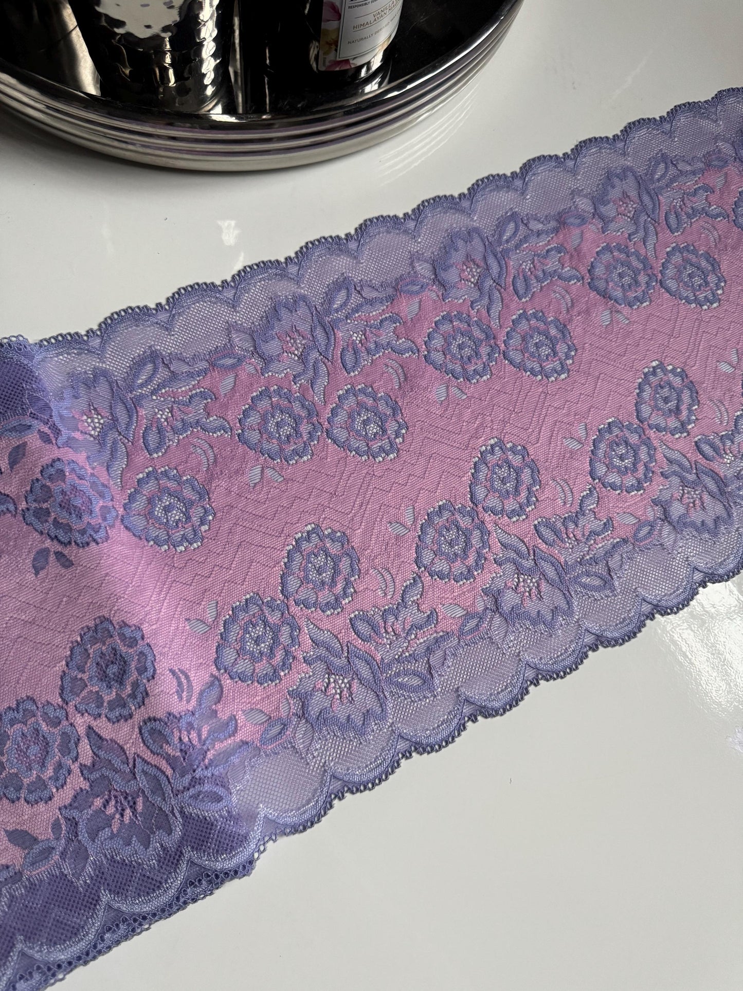 Purple Pink Floral Stretch Lace Trim (8.5"/21.5cm) Scallop Edge Wide Lace Fabric for Bra Sewing Bramaking Knickers Lingerie Sewing Craft