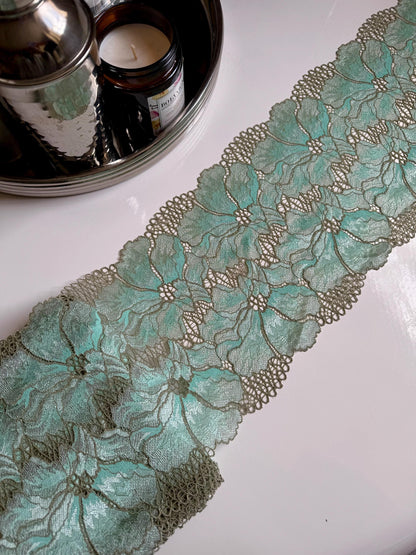 Light Blue Moss Green Stretch Lace (7.5"/19cm) Floral Scallop Edge Wide Lace Fabric for Bra Making Bramaking Knickers Lingerie Sewing Crafts