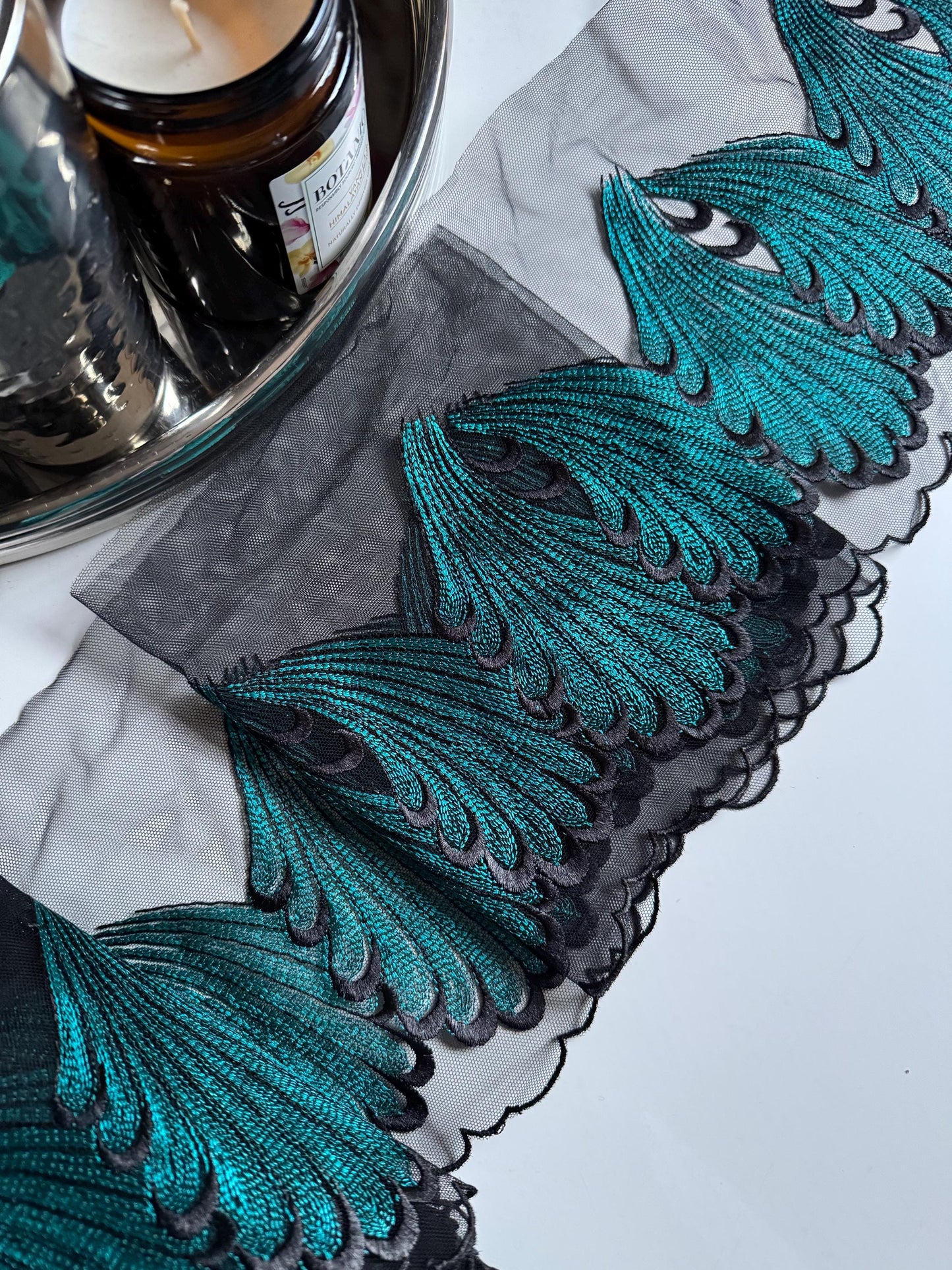Black Teal Blue Swirl Leaf Embroidered Lace Trim (7"/18cm) Tulle Scallop Edge Fabric for Bra Making Knickers Lingerie Sewing Crafts