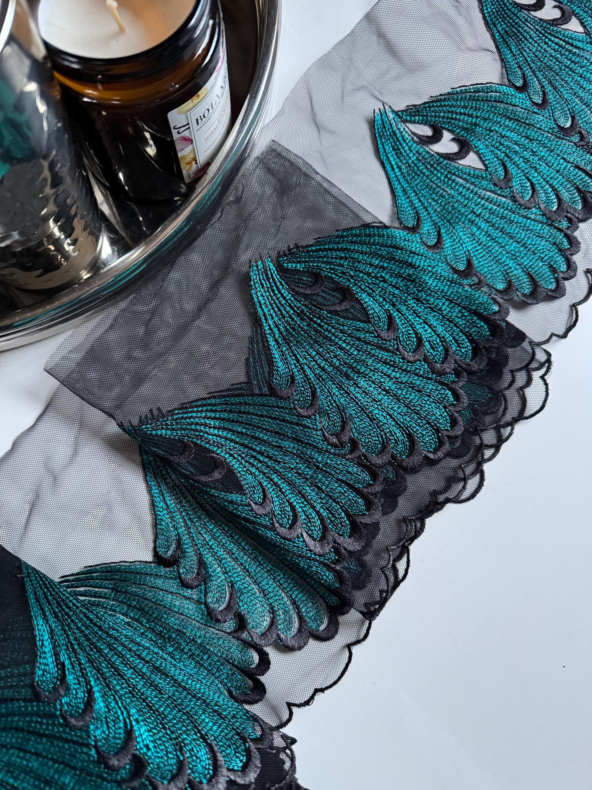 Black Teal Blue Swirl Leaf Embroidered Lace Trim (7"/18cm) Tulle Scallop Edge Fabric for Bra Making Knickers Lingerie Sewing Crafts