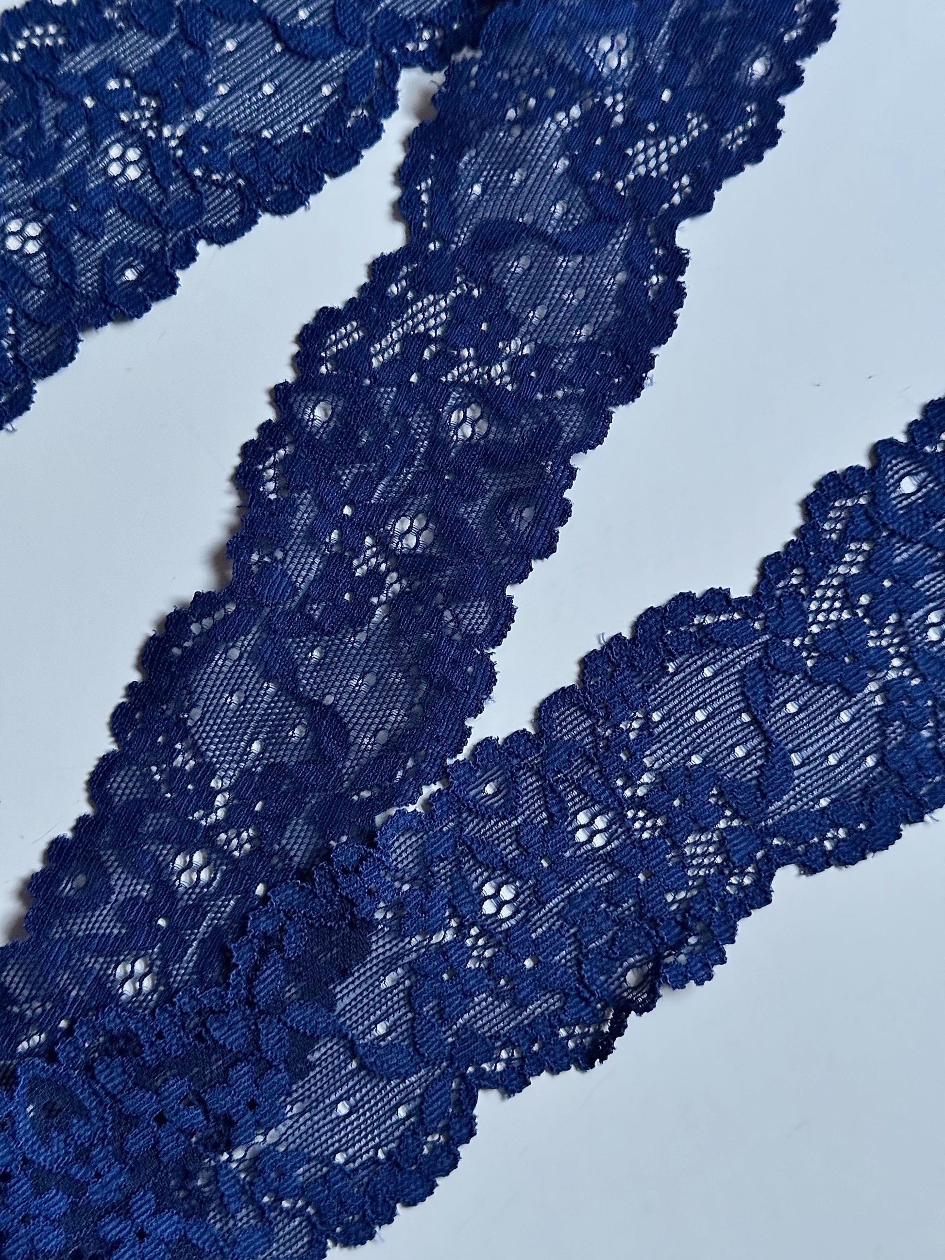 Navy Floral Narrow Stretch Lace Trim 2.25”/5.5cm Scallop Edge Wide Lace Fabric for Bra Making Bramaking Knickers Lingerie Sewing CLEARANCE