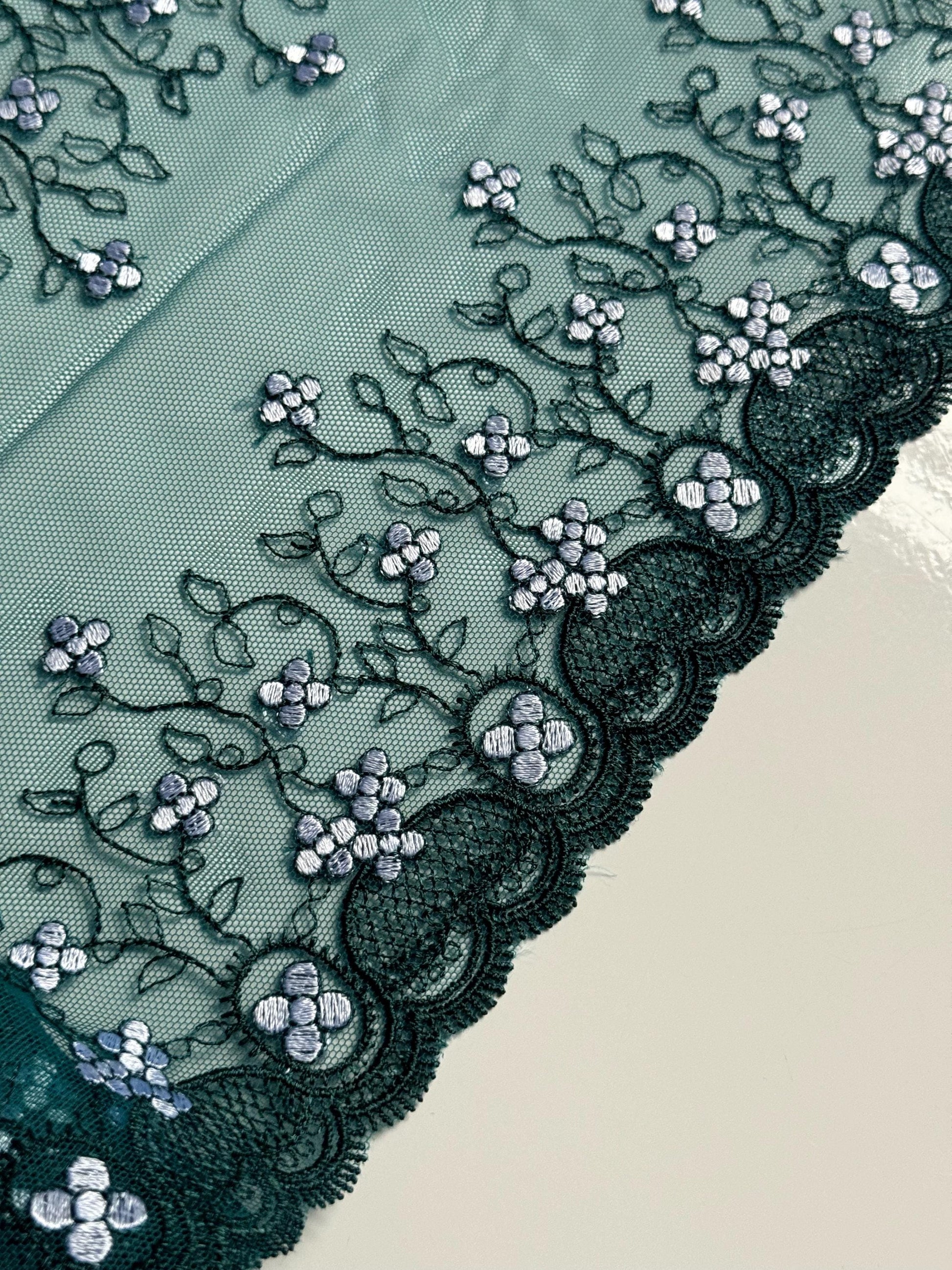 Two Tone Green White Floral Embroidered Lace Trim (8.25"/21cm) Teal Mesh Tulle Scallop Edge Fabric for Bramaking Knickers Lingerie Sewing