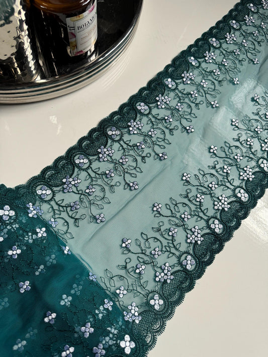 Two Tone Green White Floral Embroidered Lace Trim (8.25"/21cm) Teal Mesh Tulle Scallop Edge Fabric for Bramaking Knickers Lingerie Sewing