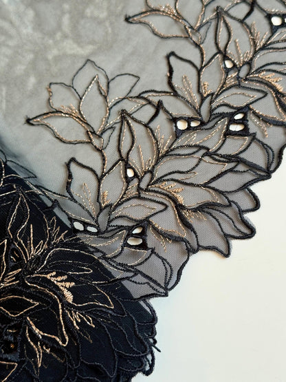 Black Gold Floral Embroidered Lace Trim 8.25”/21cm Tulle Scallop Edge Fabric for Bra Making Knickers Lingerie Sewing Craft