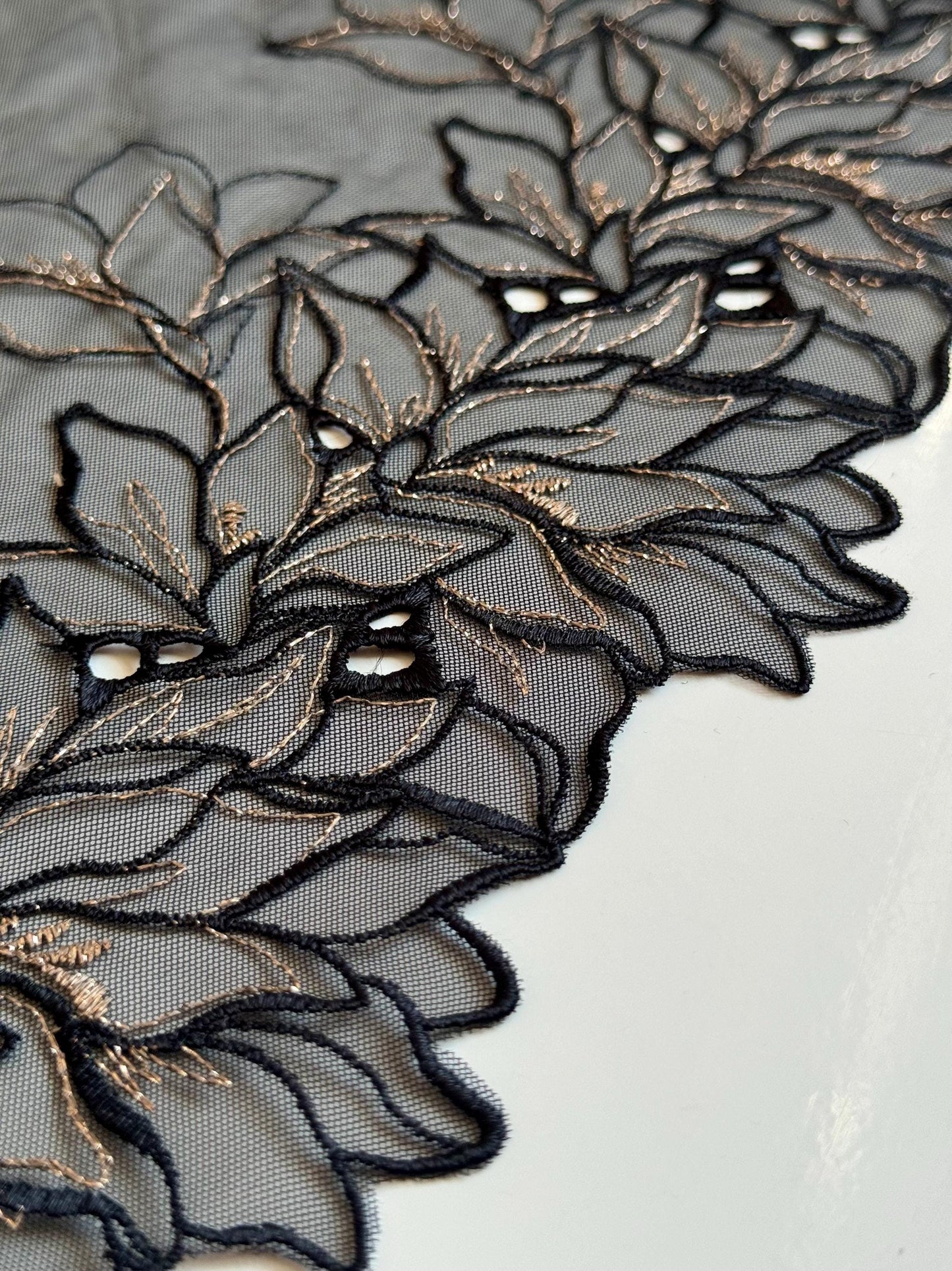 Black Gold Floral Embroidered Lace Trim 8.25”/21cm Tulle Scallop Edge Fabric for Bra Making Knickers Lingerie Sewing Craft