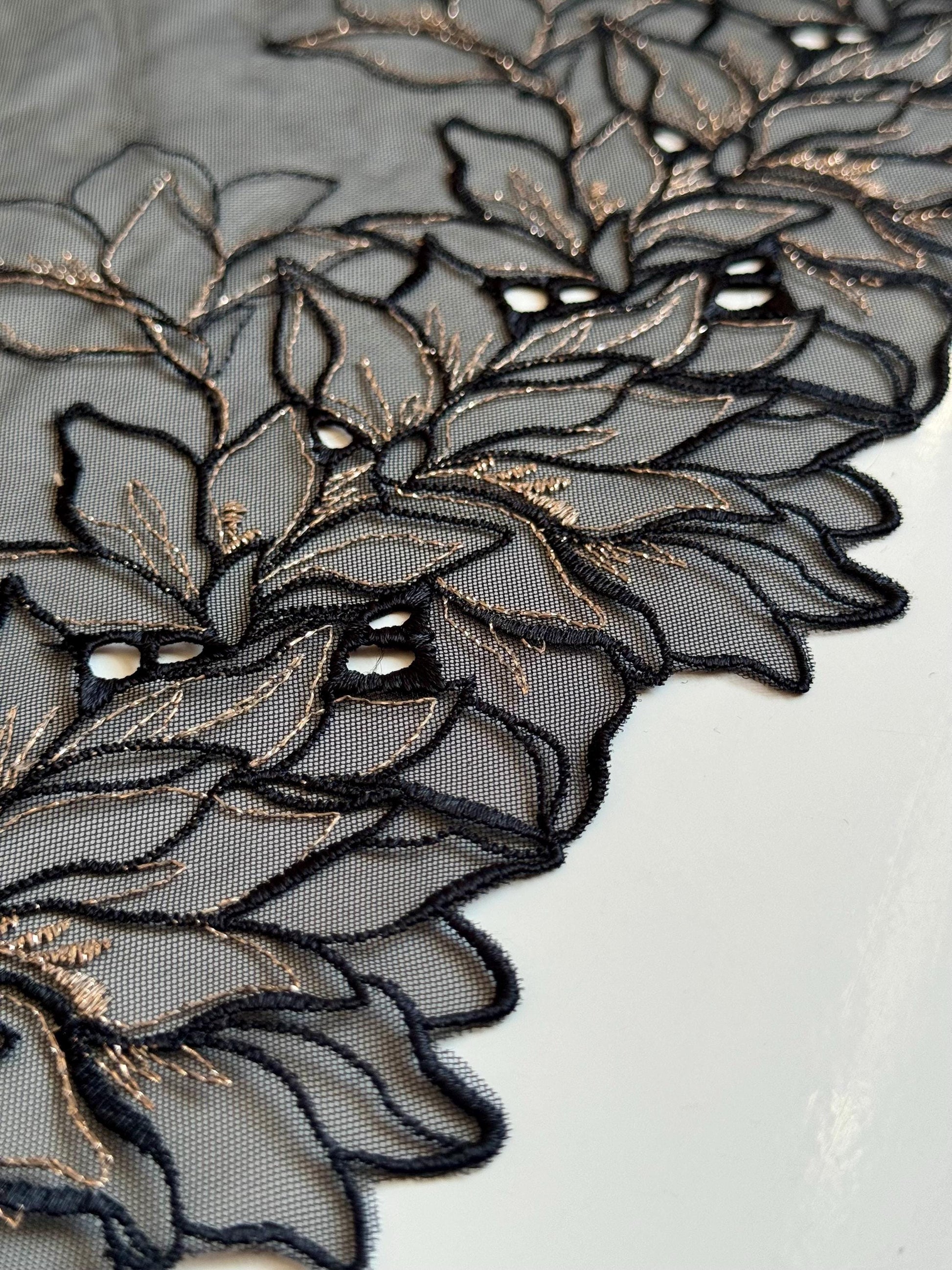 Black Gold Floral Embroidered Lace Trim 8.25”/21cm Tulle Scallop Edge Fabric for Bra Making Knickers Lingerie Sewing Craft