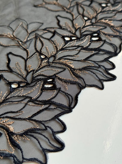 Black Gold Floral Embroidered Lace Trim 8.25”/21cm Tulle Scallop Edge Fabric for Bra Making Knickers Lingerie Sewing Craft