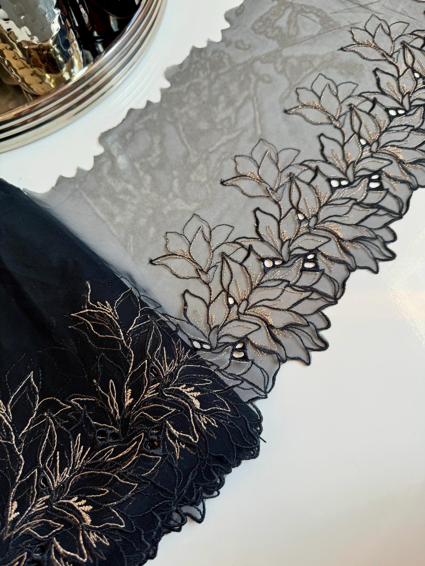 Black Gold Floral Embroidered Lace Trim 8.25”/21cm Tulle Scallop Edge Fabric for Bra Making Knickers Lingerie Sewing Craft