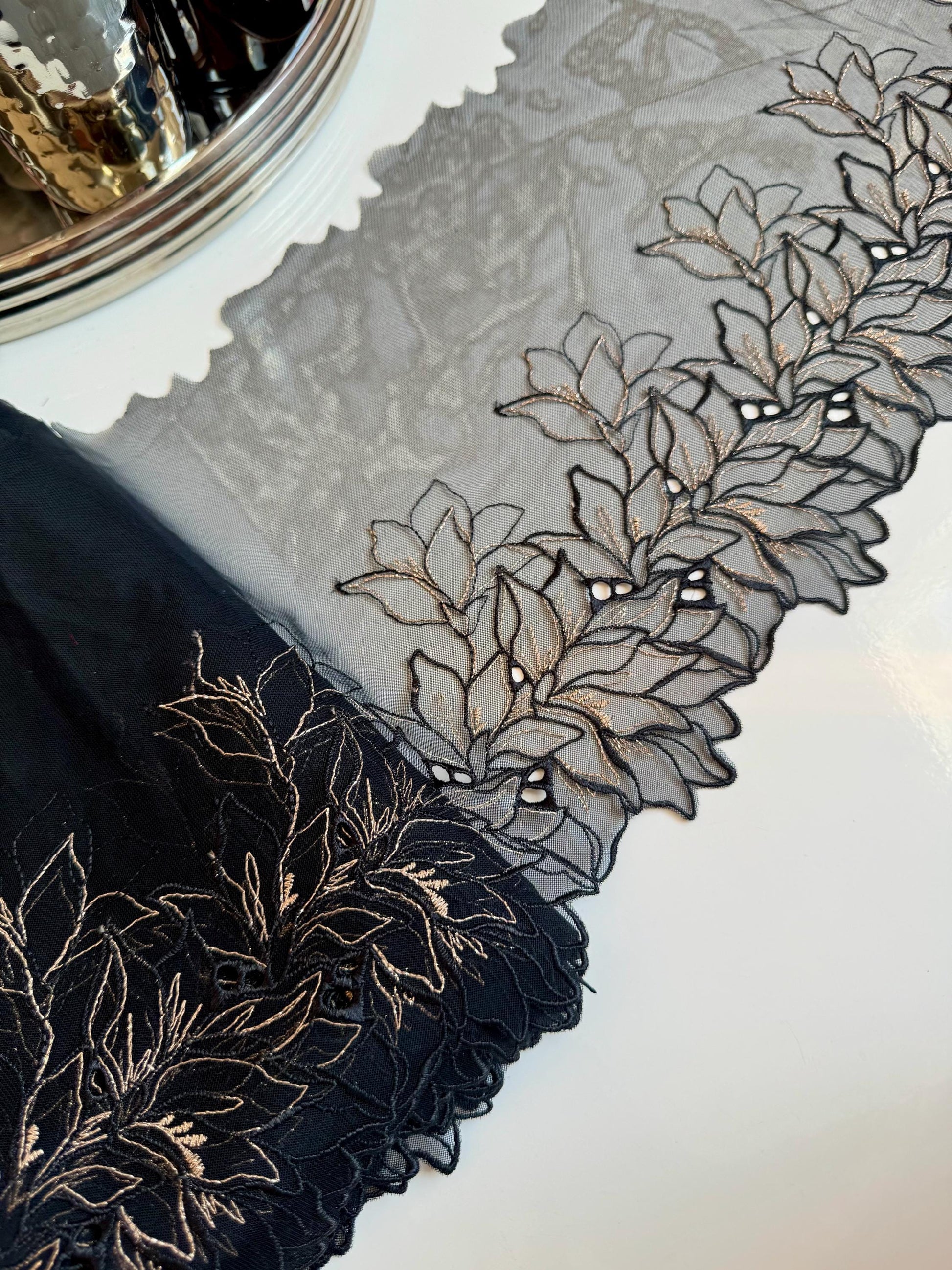 Black Gold Floral Embroidered Lace Trim 8.25”/21cm Tulle Scallop Edge Fabric for Bra Making Knickers Lingerie Sewing Craft