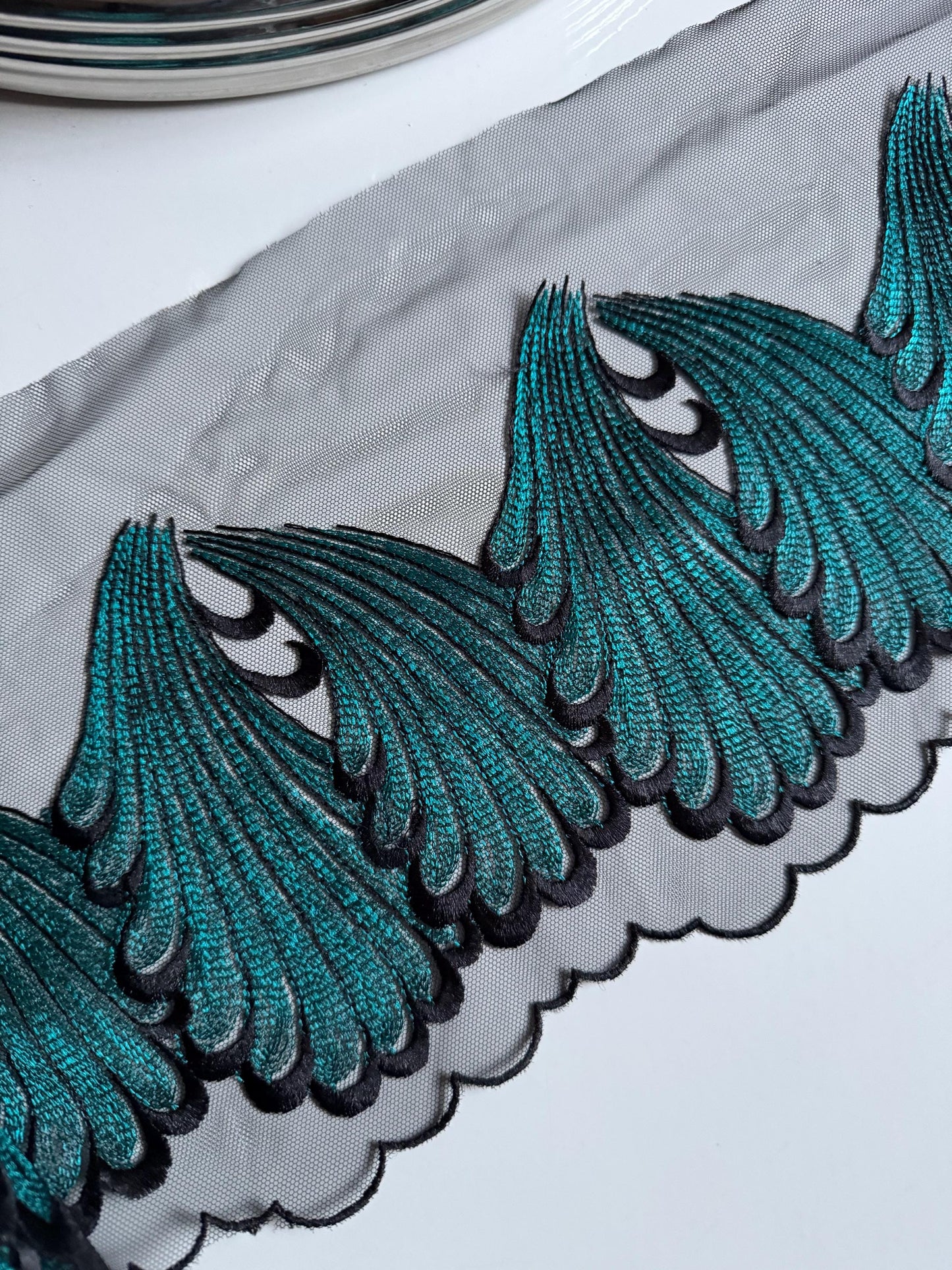 Black Teal Blue Swirl Leaf Embroidered Lace Trim (7"/18cm) Tulle Scallop Edge Fabric for Bra Making Knickers Lingerie Sewing Crafts