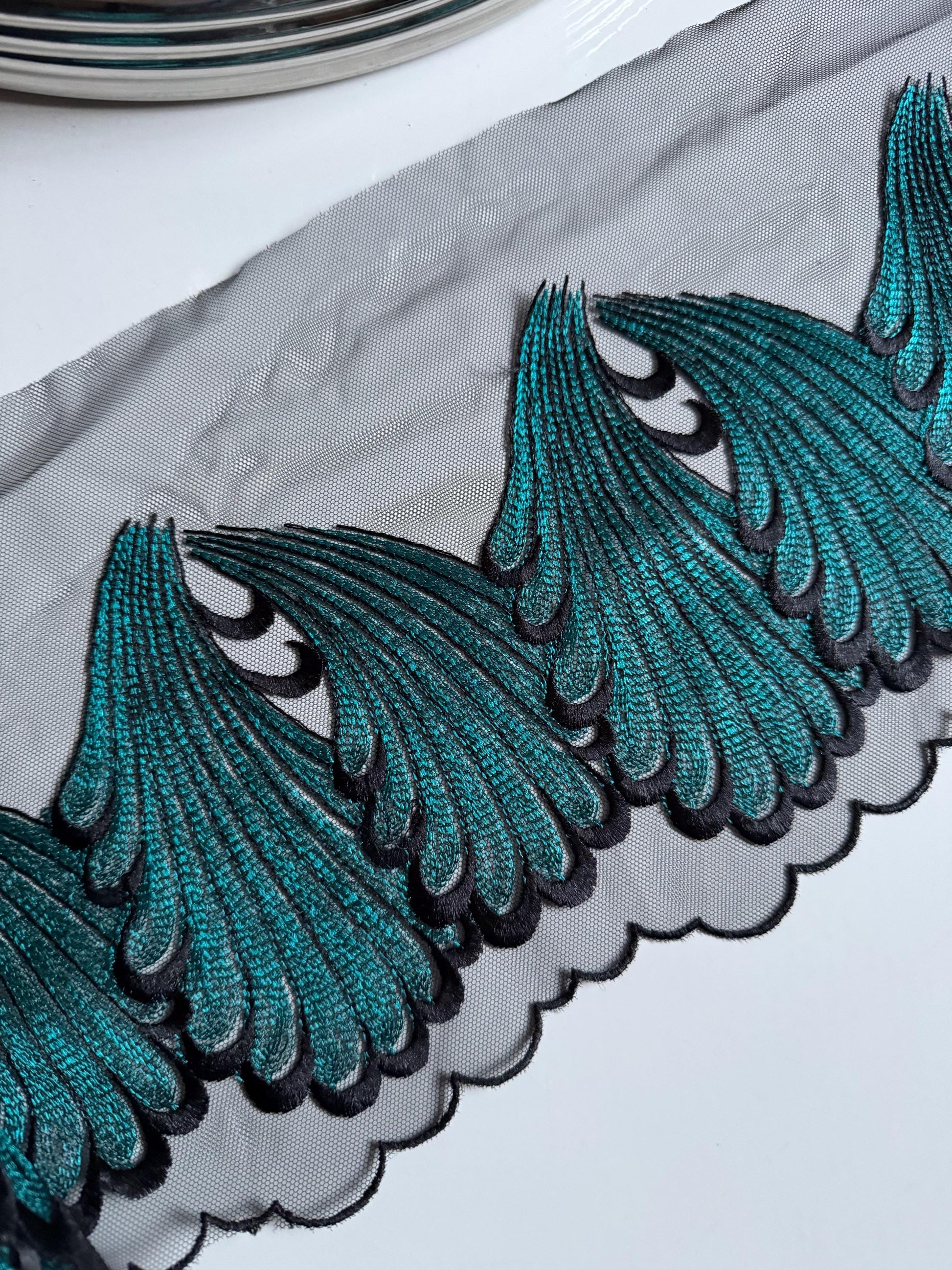 Black Teal Blue Swirl Leaf Embroidered Lace Trim (7"/18cm) Tulle Scallop Edge Fabric for Bra Making Knickers Lingerie Sewing Crafts