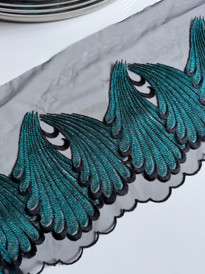Black Teal Blue Swirl Leaf Embroidered Lace Trim (7"/18cm) Tulle Scallop Edge Fabric for Bra Making Knickers Lingerie Sewing Crafts
