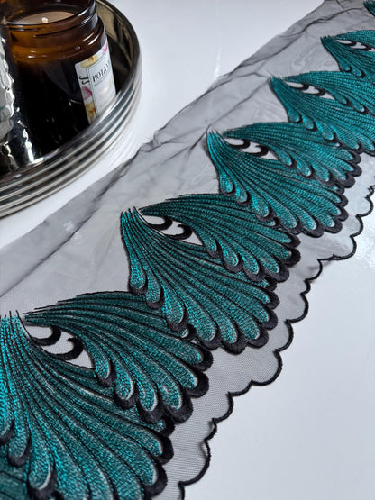 Black Teal Blue Swirl Leaf Embroidered Lace Trim (7"/18cm) Tulle Scallop Edge Fabric for Bra Making Knickers Lingerie Sewing Crafts