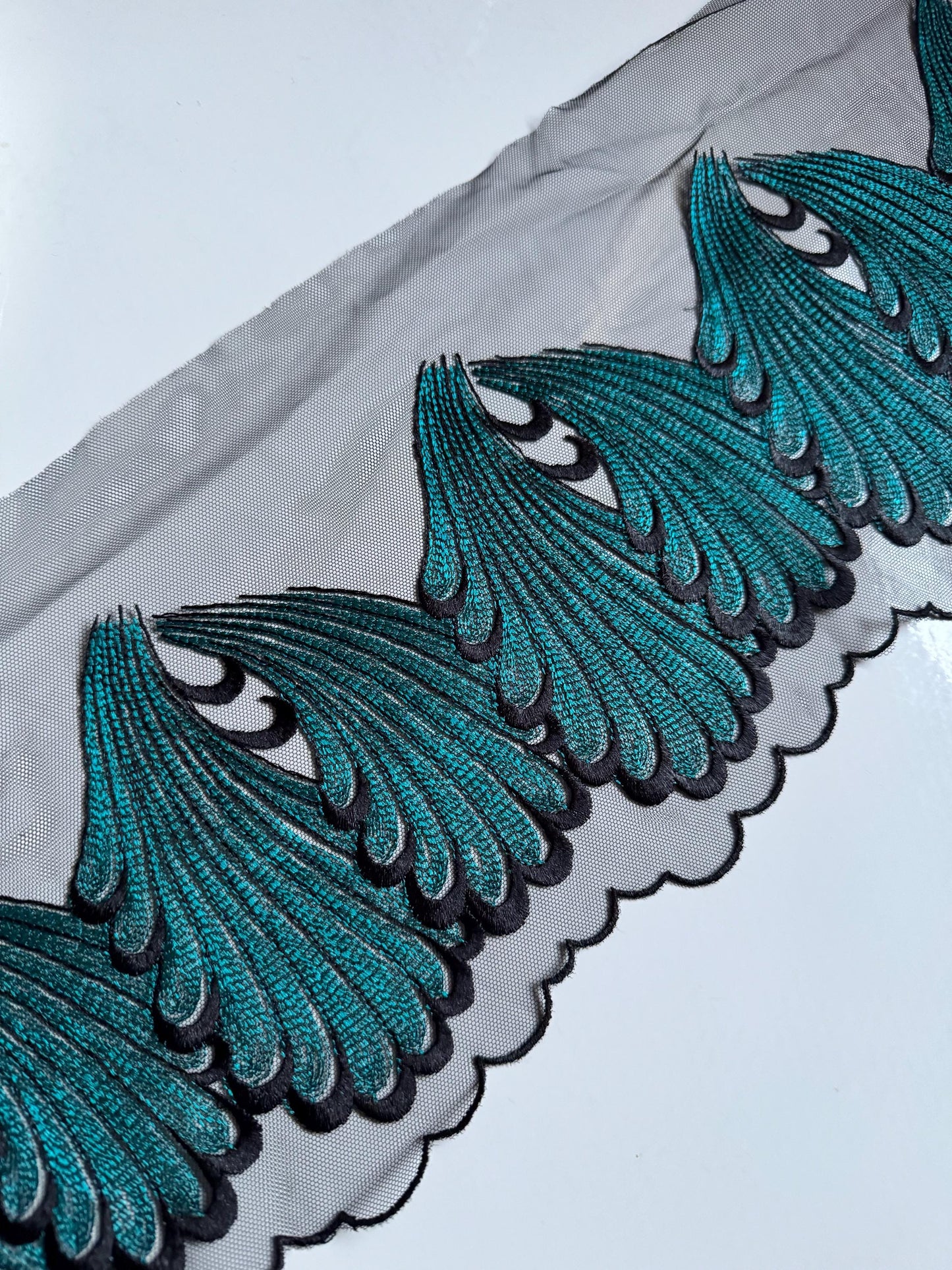 Black Teal Blue Swirl Leaf Embroidered Lace Trim (7"/18cm) Tulle Scallop Edge Fabric for Bra Making Knickers Lingerie Sewing Crafts