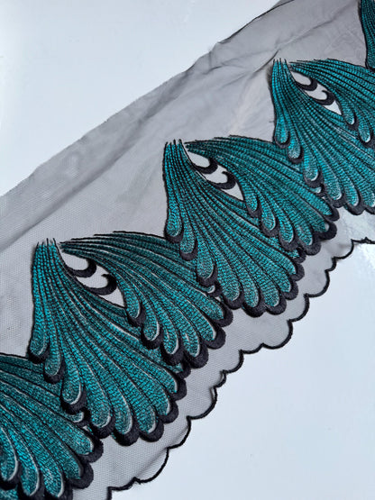 Black Teal Blue Swirl Leaf Embroidered Lace Trim (7"/18cm) Tulle Scallop Edge Fabric for Bra Making Knickers Lingerie Sewing Crafts